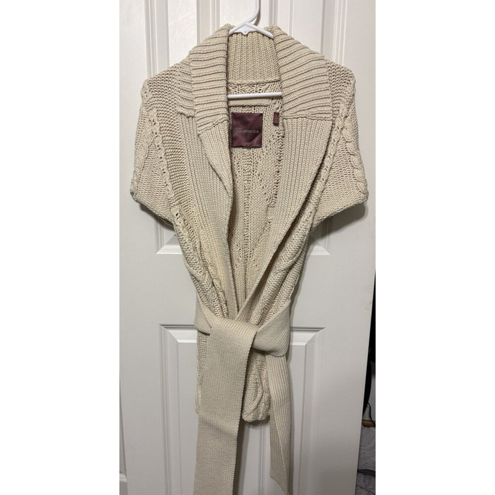 Vintage 525 America S Cream Cable Knit Belted Wrap Cardigan Sweater Cotton Blend